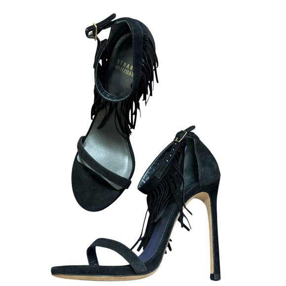 Stuart Weitzman Sz 7 Heels Love Fringe Strappy Sandals Black Suede Classic Party - Picture 8 of 9